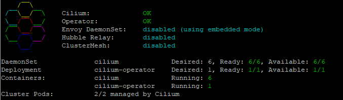 "Output of "cilium status" with all 6 DaemonSets reporting as OK."